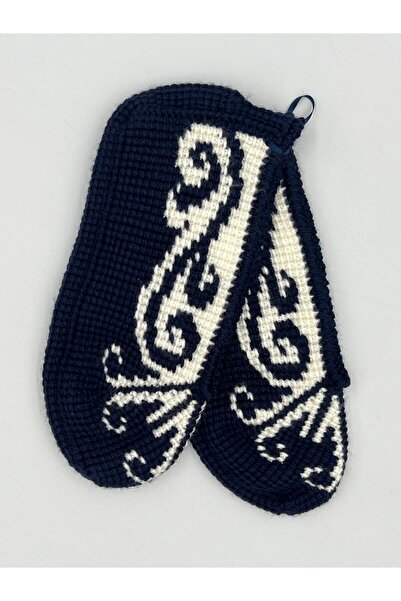 Şatilli Handmade Patik Tunus işi patik el örgüsü patik lacivert-beyaz sarmaşık desenli el emeği patik
