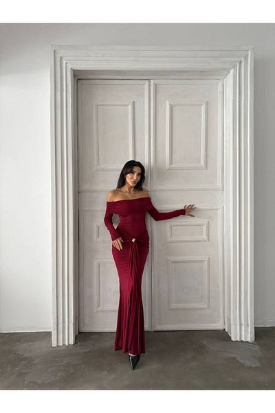 lolembutik Women's Off-Shoulder Waist Detail Candy Fabric Maxi Length Dress