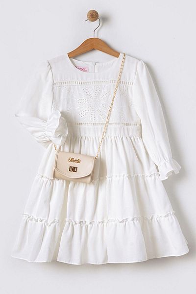 Tivido Long Sleeve Floral Embroidery Embroidered Girl's Dress - Ecru