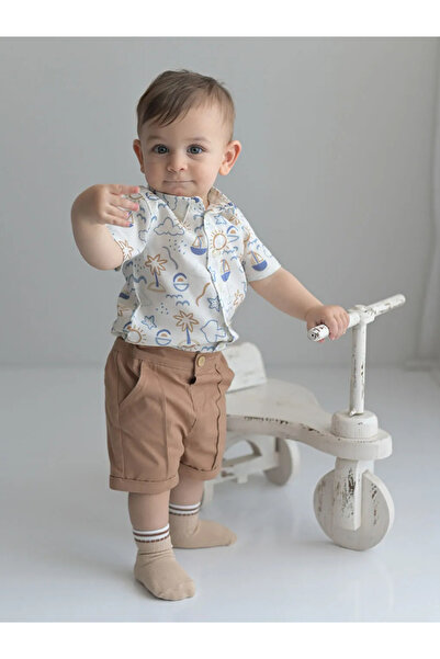 LC Waikiki KANZ Ekru Kısa Kollu Baskılı Erkek Bebek Gömlek ve Şort 2'li Takım