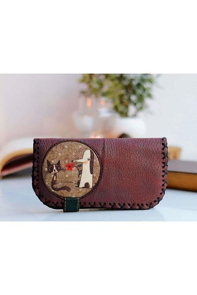 HOODİEMOUSE Large Wallet with Fox Figure Ethnic Bohemian Retro Vintage Style - Claret Red