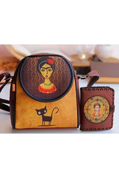 HOODİEMOUSE Frida Figured Small Messenger Bag Claret Red and Small Wallet Claret Red Combination