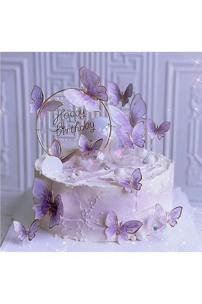 Deniz Party Store Purple 3D 21 Pack Butterfly Sticker Balloon Cake Decoration with Gold Leaf