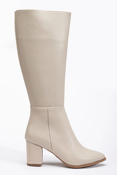DS AYAKKABI Beige Women's Heeled Boots - Below Knee Length, No Zippered Moun Shoes