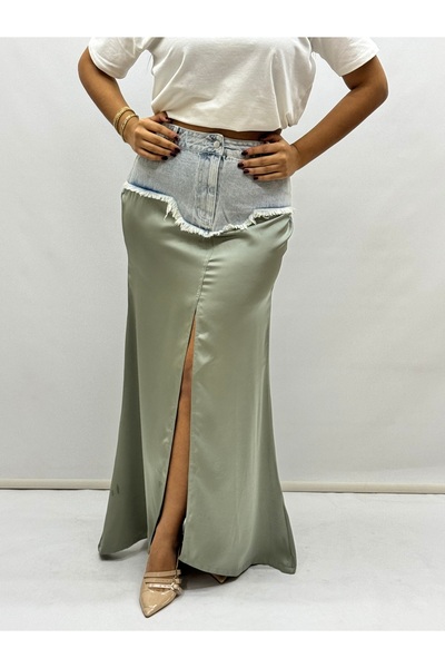 İTALYAN BUTİK Italian Denim Detail Satin Skirt