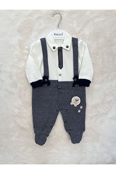 Necix's Bear Embroidered Striped Slopet Jumpsuit