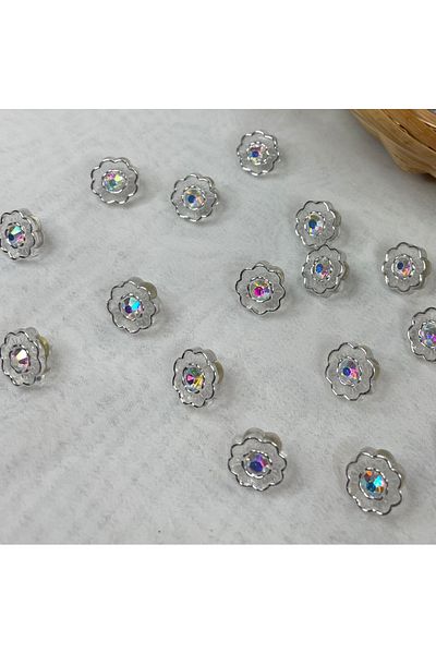 Bukle İplik 20" Button - Plastic Bottom Seam Flower Pattern with Clear Hologram Crystal Stone Silver Frame (20 Pcs)