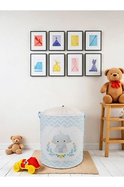 PRENDİ HOME Elefant albastru imprimat plasă jucărie rufe murdar organizator coș organizator 37 x 40
