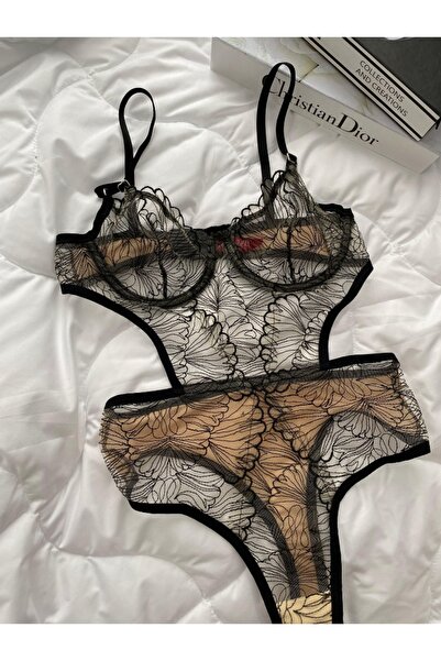 Shy Lola Lingerie Brode Balenli Kapsız Krem Üzerine Siyah Tül Bodysuit