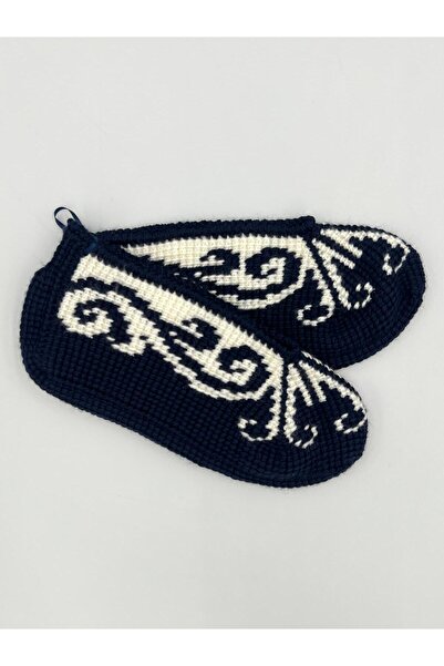 Şatilli Handmade Patik Tunus işi patik el örgüsü patik lacivert-beyaz sarmaşık desenli el emeği patik