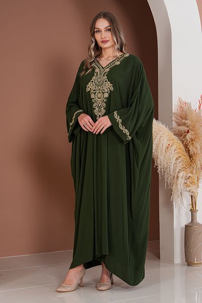 AYASOFYA OTANTIK Women's Khaki Authentic Embroidery Detailed Oversize Loose Dress