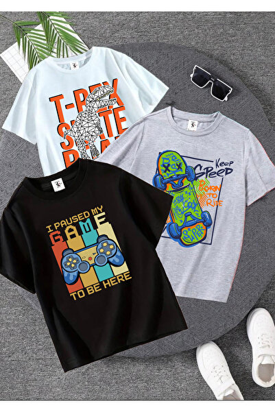 twins tailors Pachet de 3 tricouri pentru copii unisex gri-alb-negru cu impri...