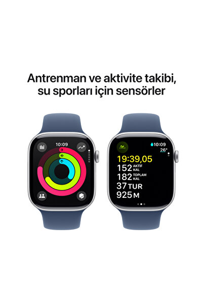 Apple Watch Series 10 GPS 46mm Gümüş Alüminyum Kasa + Kot Rengi Spor Kordon - S/M