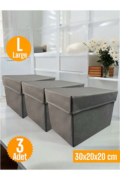 Balkan Room Anthracite Cabinet Organizer Box with Lid - 3 Pieces, Multi-Purpose, Large 30X20X20 cm