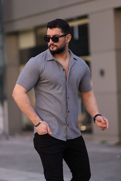Trendseninle Ανδρικό γκρι πλεκτό κοντομάνικο πουκάμισο