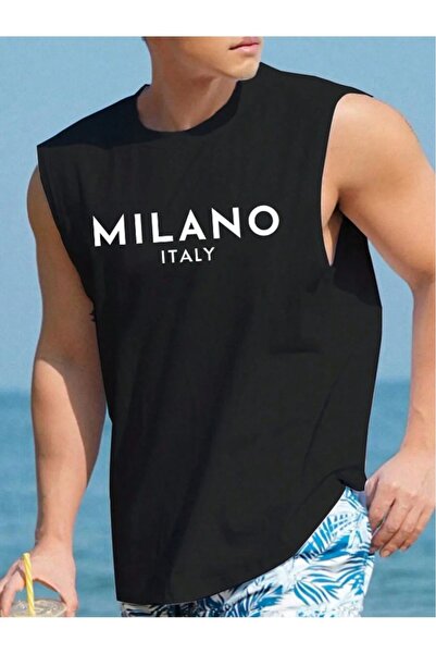 NO 601 Tricou negru fără mâneci Milano Italia cu imprimeu pentru bărbați