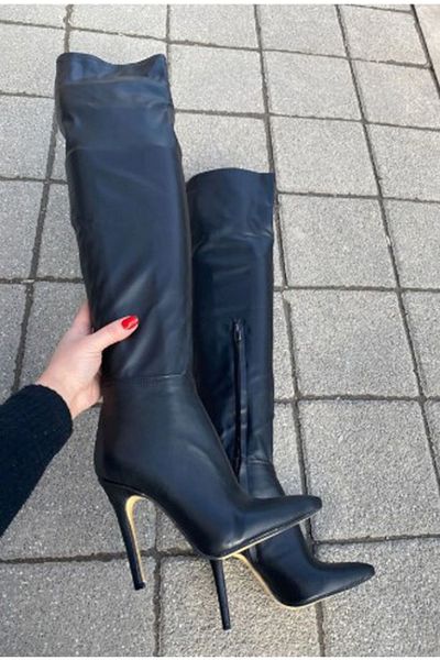 Afilli Women's Black Sexy Slim High Heels Stretch Stretchy Socks Evening Dress Pointed over the Knee Boots Long Boots Shoes