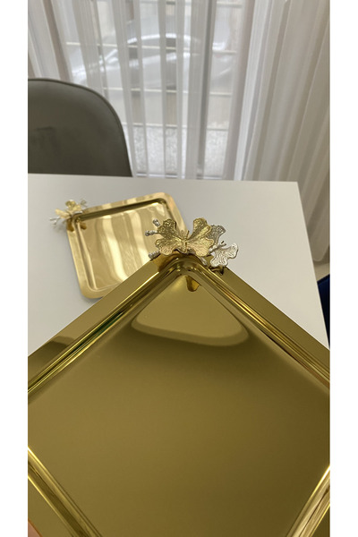 Glow Ay 2'li Lüx Kare Gold Kelebekli Titanyum Kaplama Servis ,Çay ,Kahve ,İkramlık Sunum Tepsisi