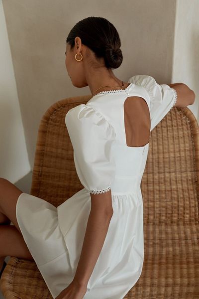 Edela Square Neck Lace Detail Watermelon Sleeve White Dress 6025