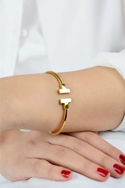 SS Selin Silver T Model Kelepçe Modern Bileklik Gold Renk 925 Ayar Gümüş Bile...