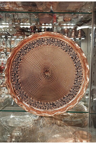 Bakır Center Copper Tray & Copper Presentation Tray 38 cm Copper Ottoman Hand Embroidered Tray Henna Tray