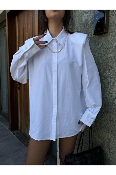 minaaise Women's White Poplin Padded Pearl Necklace Detail 100% Cotton Shirt 29016