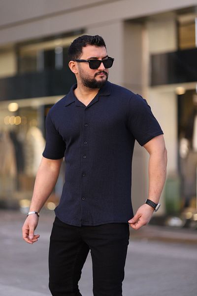 Trendseninle Ανδρικό πουκάμισο με κοντό μανίκι πλεκτό Navy Blue
