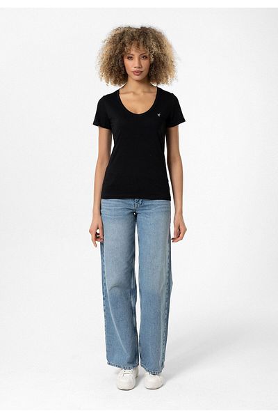 Williot Tricou Christina Black pentru femei, slim fit, alb, brodat, cu decolteu în V adânc, cu mânecă scurtă, din bumbac compact