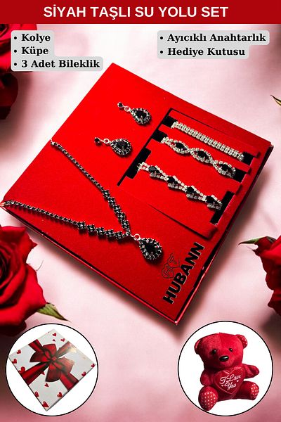 HUBANN Black Stone Jewelry Set with Teddy Bear Keychain - Gift Product for Lover