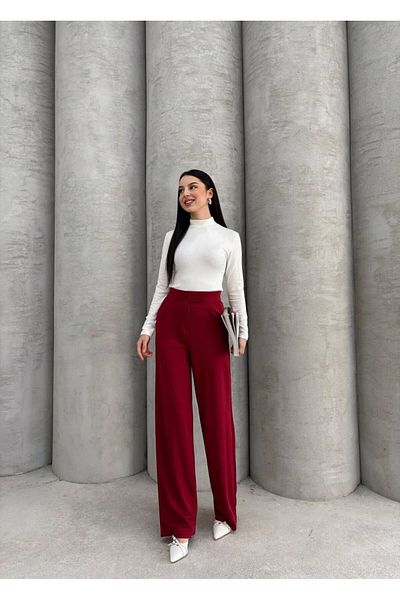 MetuCA Women's Burgundy High Waist Pocketed Velcro Waist Spacious Wide Leg Comfortable Fit Fabric Palazzo Pants