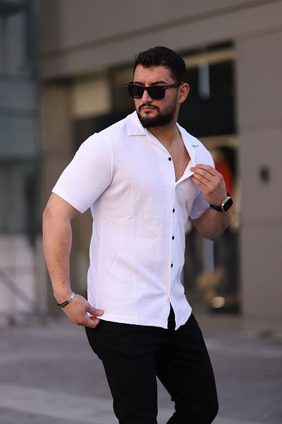Know Ανδρικό λευκό πλεκτό κοντομάνικο πουκάμισο