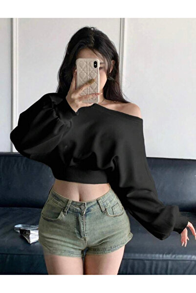 meren like your style Hanorac negru cu mânecă lungă, cu decolteu asimetric, de culoare uni