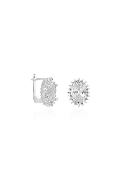 jelux silver Gümüş 925 Ayar Oval Model Taşlı Anturaj Küpe