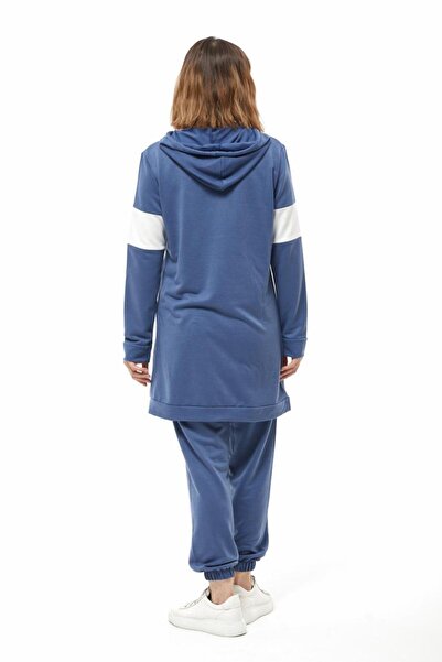 Çeşme Home Kadın Kapüşonlu Tunik Lastikli Paça Baskılı Mavi Eşofman Takımı