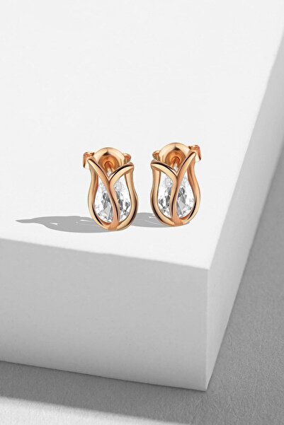 jelux silver Gümüş 925 Ayar Lale Model Zirkon Taşlı Rose Çivili Küpe