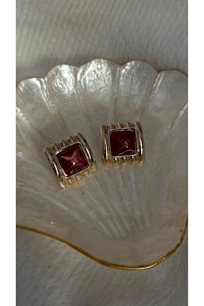 Vi store Çizgili Bordo Kare Küpe