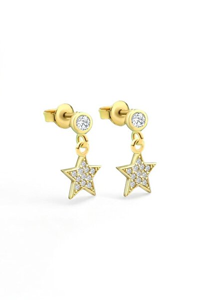 jelux silver Gümüş 925 Ayar Zirkon Taşlı Çivili Zirkon Taşlı Yıldız Gold Küpe