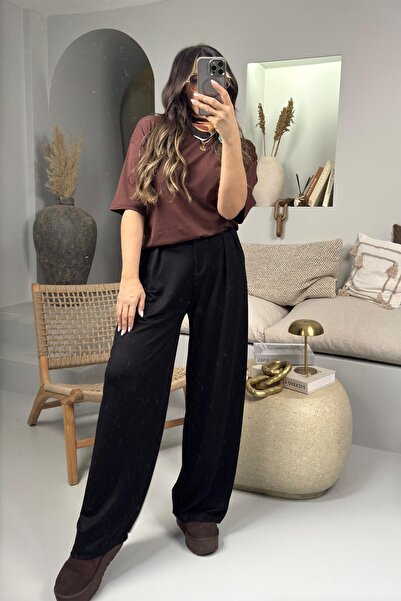 Sohotique By P Duble Penye Kumaş Pileli Palazzo Pantolon Siyah