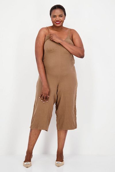 Style Not Size x Jenni Women Plus Size Plain Sleeveless Jumpsuit, Dark Tan