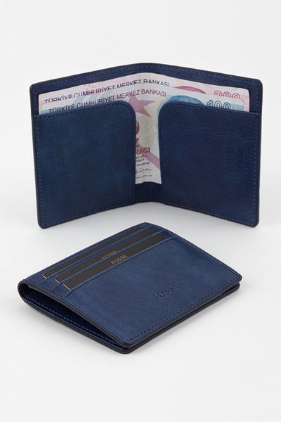 Fossil Boxed Genuine Leather Navy Blue Crazy Hand Portfolio Card Holder Wallet