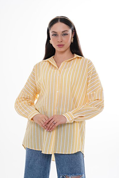 ŞİMAL Kadın Kalın Çizgi Desenli Uzun Kol Gömlek 250164 -