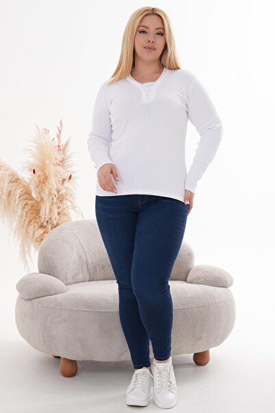 Siyezen Plus Size V Neck Button Detailed Cotton Blouse