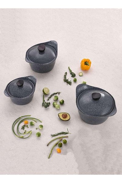 Badraig 8-Piece Granite Cookware Set Dark Grey Marble