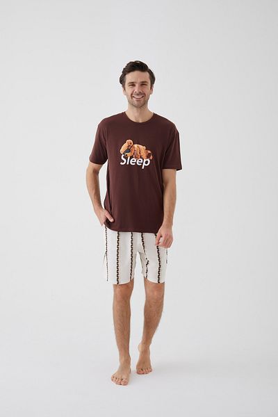 koza iç giyim Men's Short Sleeve Cotton Teddy Bear Print Shorts Pajamas Set