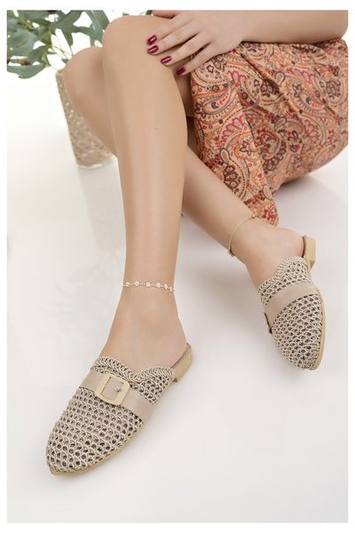 Modafırsat Papuci de damă bej - tricotaje din dantelă cu plasă în față închisă, paie, elegant acasă, plajă, vacanță, birou, potrivit