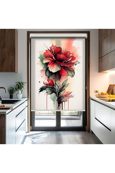 AD Home Suluboya ve Kırmızı Çiçek Baskılı Stor Perde - Güneşlik Perdesi - Sal...