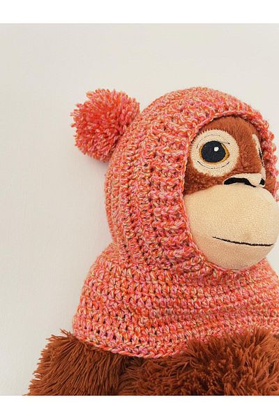 The Cloudish Shop Orange Beige Beanie Balaklava - Knitted Neck Collar, Baby Kids Hand Knitted with Pompom Ears