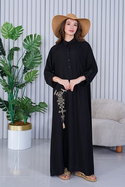 AYASOFYA OTANTIK Women's Black Half Placket Shirt Collar Ethnic Embroidery Detailed Oversize Loose Dress