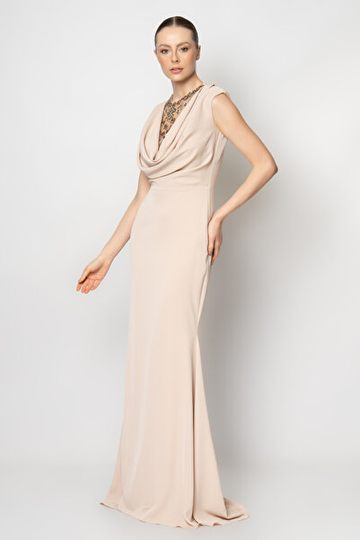 RENGIN Göğsü tüllü taş işli degaje yakalı saten abiye elbise