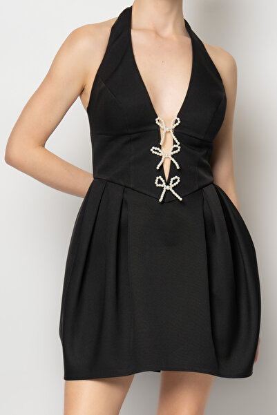 RENGIN Göğüs dekoltesi üç kurdele detaylı balon etek krep abiye elbise